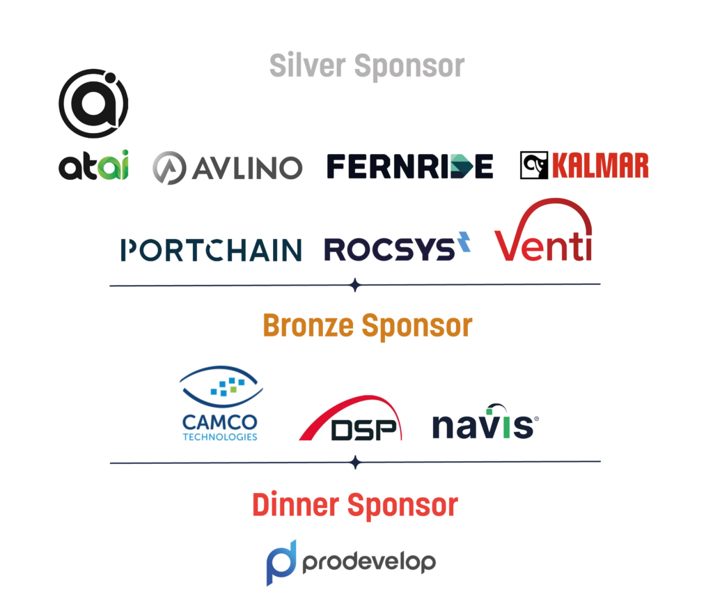 CTAC Europe 2025 Logo Stack Silver Sponsors: atai, Avlino, Fernride, Kalmar, Portchain, Rocsys and Venti Bronze Sponsors: Camco, DSP, Navis Dinner Sponsor: Prodevelop